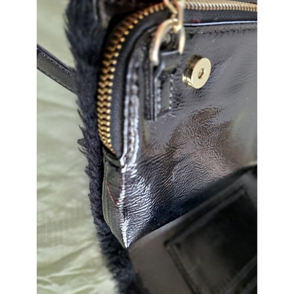 Steve Madden Fuzzy Black Clutch Handbag Purse with Gold Chain and Patent Leather - Picture 8 of 9